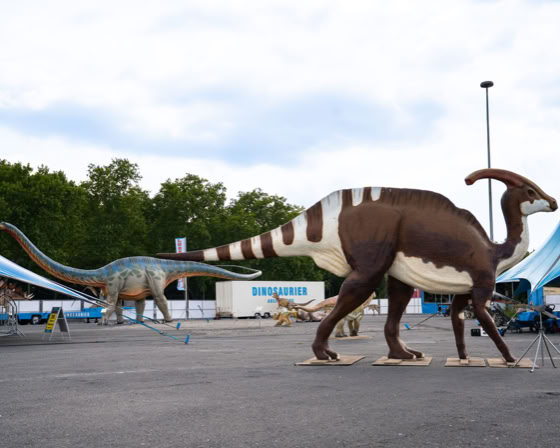 Dinosauriermodelle im Freien, umgeben von blauen Zelten und Bäumen im Hintergrund.